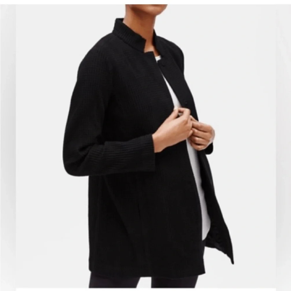 Eileen Fisher Cotton‎ Tencel Stretch Grid Long Jacket Black Waffle Knit S